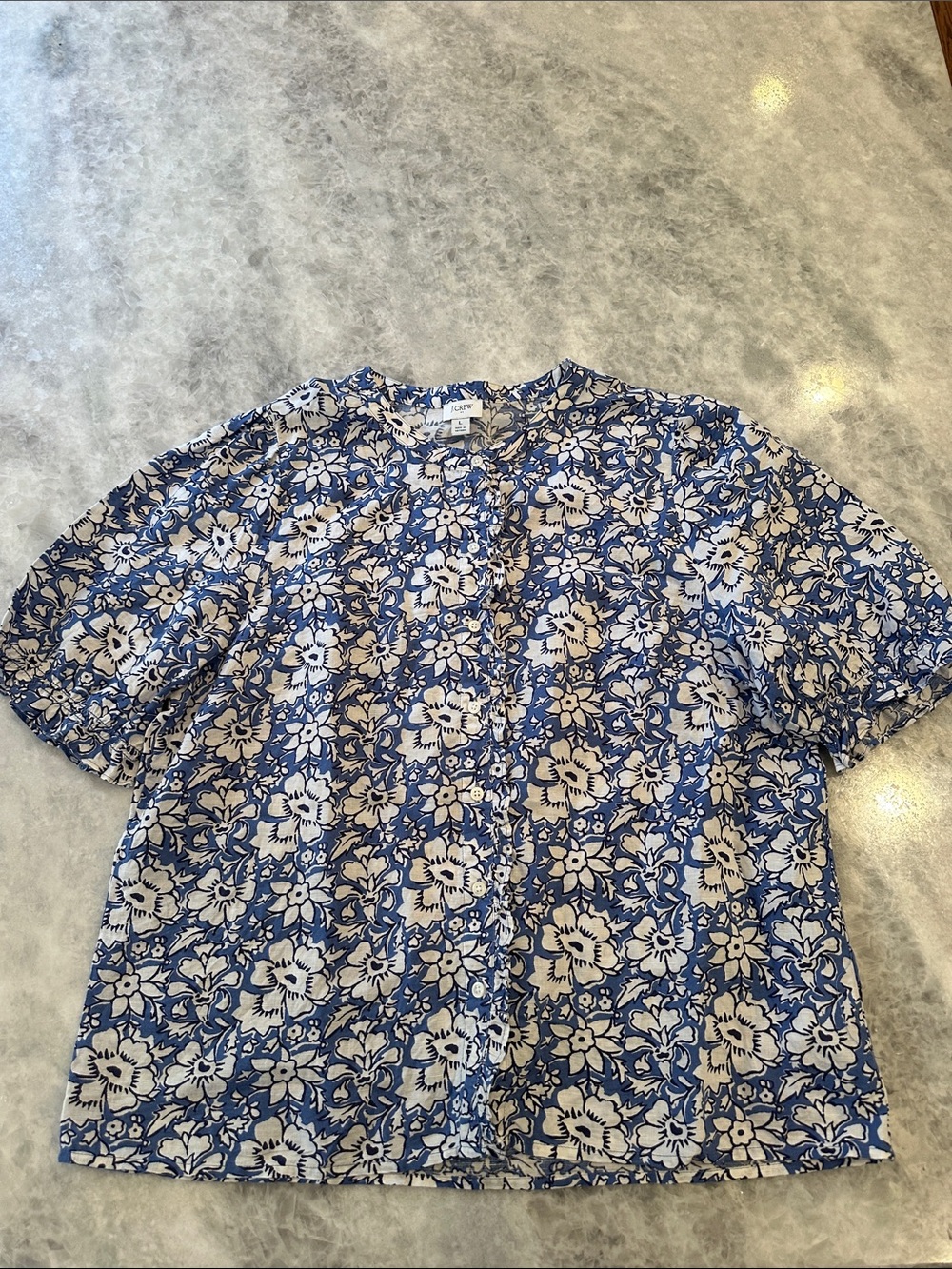 J.Crew Factory Blouse, Size L, Blue & White, Button Up, Ruffle